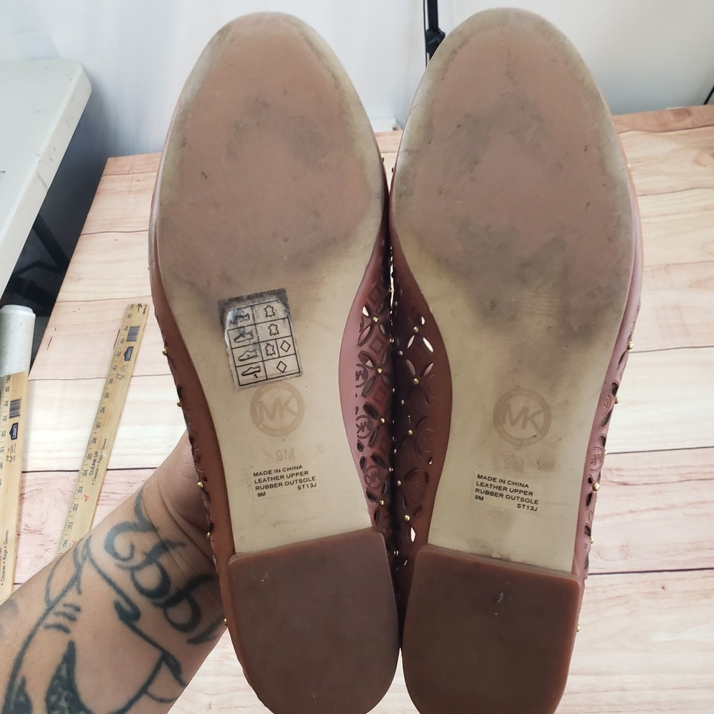 Michael Kors Shoes Womens Size 9M Brown Laser Cut Studded Flats Leather MK Logo - Picture 5 of 9